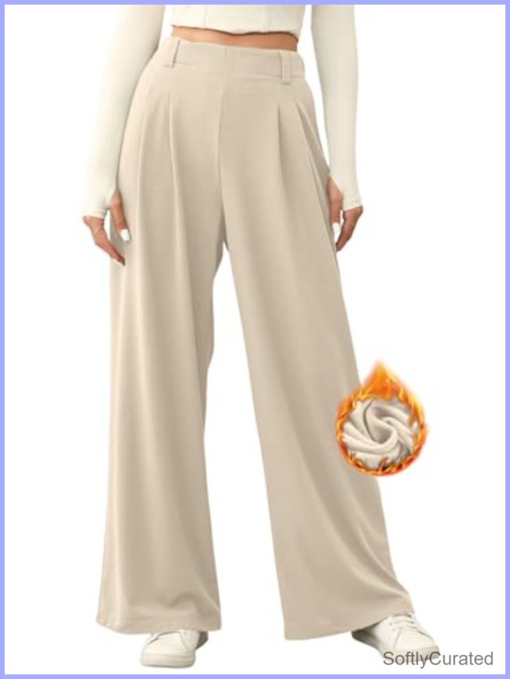 Fleece Lined Wide Leg Palazzo Pants Waffle Knit Pockets High Waist